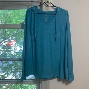 Plus size hooded activewear top.